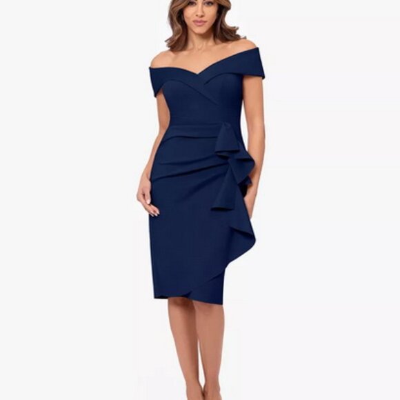 Xscape Navy Blue Ruffle Off the Shoulder Scuba Knit Cocktail Dress